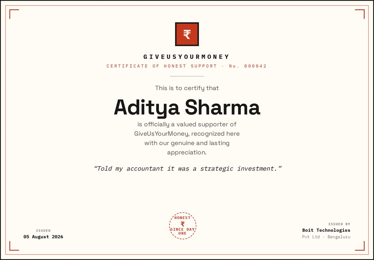 Sample GiveUsYourMoney certificate — a personalized certificate of appreciation with the recipient's name, a short message, an issue date and a unique certificate number
